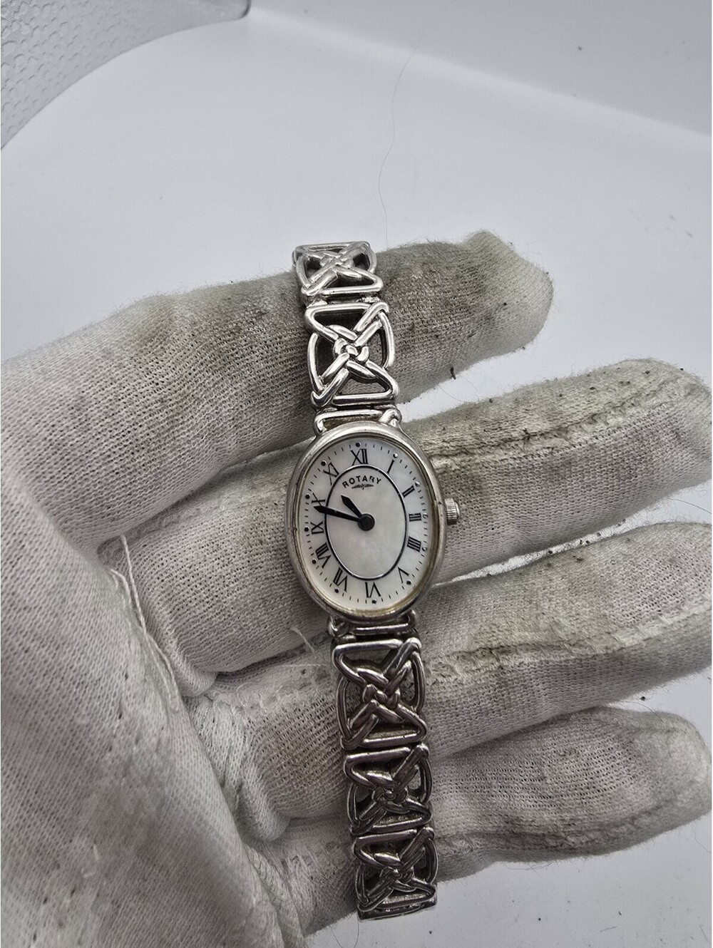 Rotary Women's 925 Sterling Silver Oval Watch MOP Dial Celtic Knot Bracelet